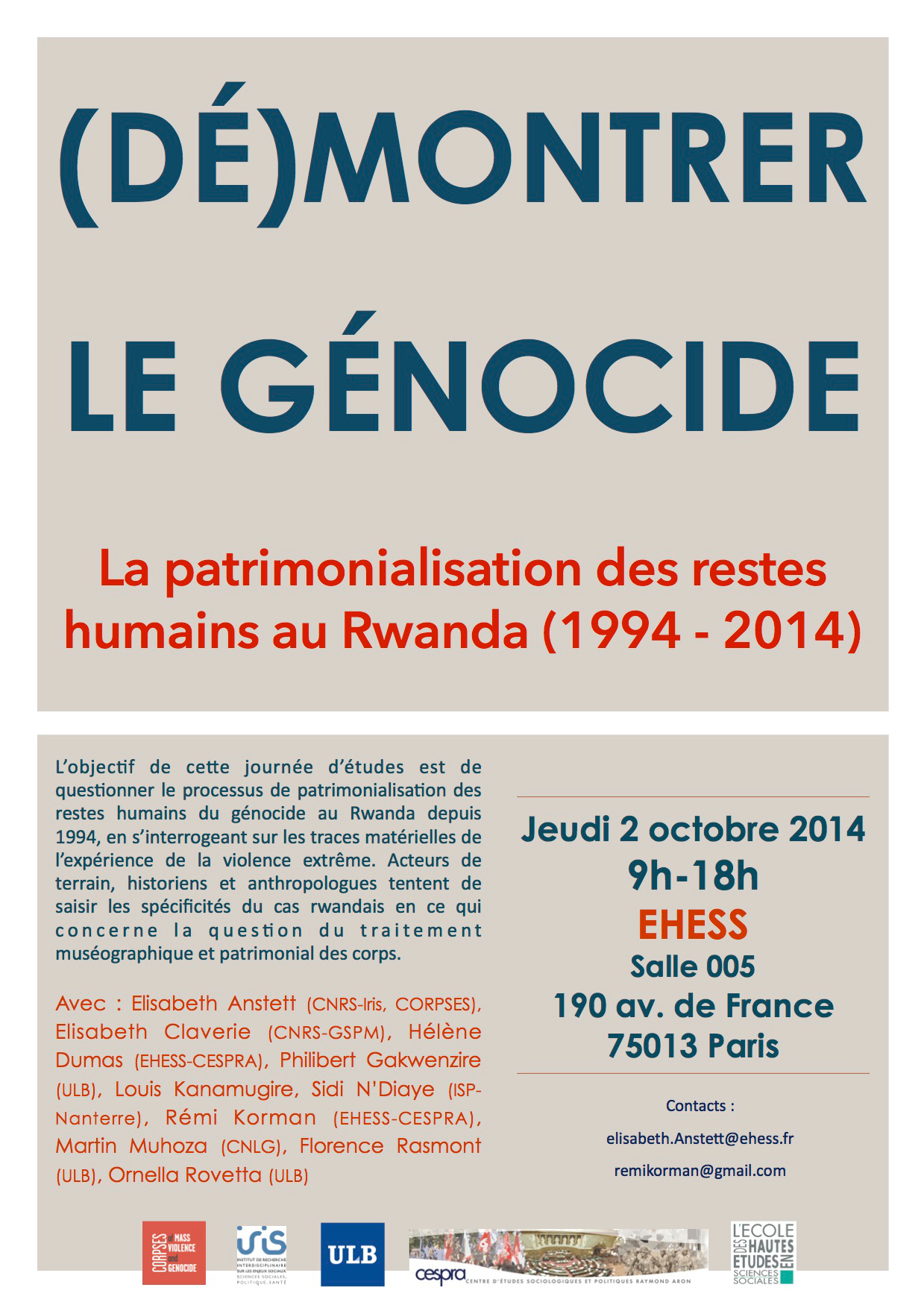 (Dé)montrer le génocide. La patrimonialisation des restes humains au Rwanda (1994-2014) > 02 octobre 2014
